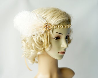 Gold Rhinestone Pearls Headband headpiece with feathers, Gold  Great Gatsby Headband, Gold Wedding 1920s Bridal rhinestone flapper headband