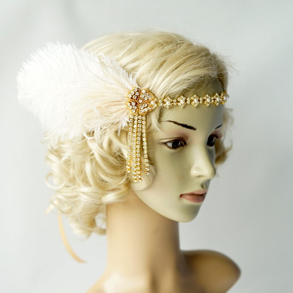 Gold Rhinestone Pearls Headband headpiece with feathers, Gold  Great Gatsby Headband, Gold Wedding 1920s Bridal rhinestone flapper headband