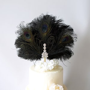 Feather Cake Topper Gatsby 1920s Wedding Black Ivory Cake Topper, Personalized Cake Topper Birthday Custom Ostrich Peacock Cake Topper gift image 6