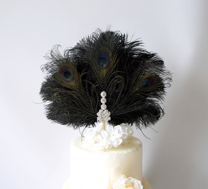 Feather Cake Topper Gatsby 1920s Wedding Black Ivory Cake Topper, Personalized Cake Topper Birthday Custom Ostrich Peacock Cake Topper gift image 6