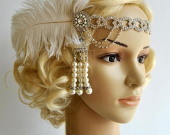 The Great Gatsby 20's rhinestone pearls flapper headband,20's flapper Headpiece headband, Bridal Headband, Crystal Ribbon Headband