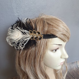 Black Ivory Flapper Headband,The Great Gatsby headpiece, 1920s Flapper Feather Headband, Vintage Inspired,1930's, Feather, Art Deco headband image 8