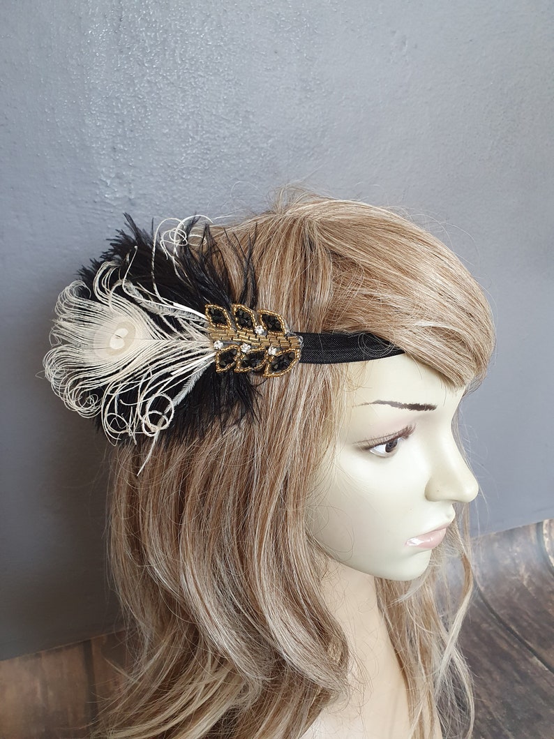 Black Ivory Flapper Headband,The Great Gatsby headpiece, 1920s Flapper Feather Headband, Vintage Inspired,1930's, Feather, Art Deco headband image 8