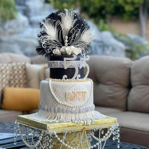 Feather Cake Topper Gatsby 1920s Wedding Black Ivory Cake Topper, Personalized Cake Topper Birthday Custom Ostrich Peacock Cake Topper gift image 3