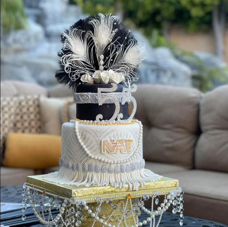 Feather Cake Topper Gatsby 1920s Wedding Black Ivory Cake Topper, Personalized Cake Topper Birthday Custom Ostrich Peacock Cake Topper gift image 3