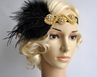 Gold Great Gatsby 20's flapper Headpiece,Vintage Inspired, Bridal 1920s Headpiece ,1930's, Rhinestone headband, Rhinestone flapper headpiece