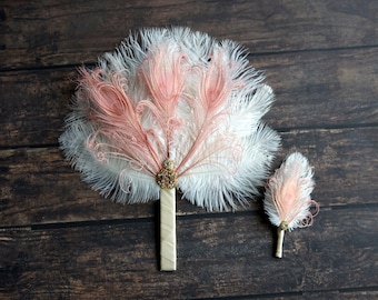 Bridesmaid Bridal Fan alternative Ostrich Feather Fan Bridal Bouquet Pink Gatsby 1920s Bouquet Bridesmaid Fan wedding feathers boutonniere