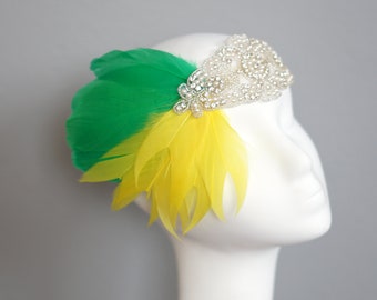 Diadema flapper de plumas verdes amarillas, diadema del gran Gatsby, diadema flapper de cristal de la década de 1920, diadema de tocado verde amarillo nupcial