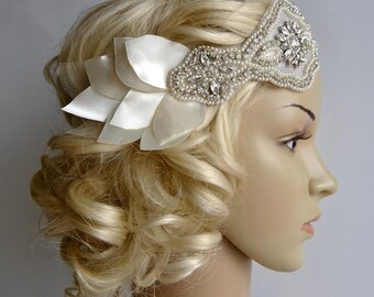 Bridal 1920s Bandeau petal headband, The Great Gatsby Headband, 1920s Headpiece, Flapper 1920's,Ivory petal rhinestone crystal headband,