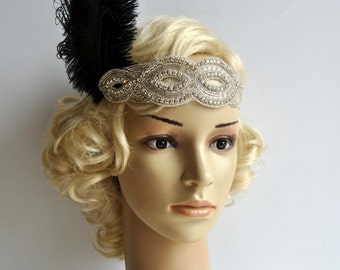 Rhinestone flapper Gatsby Feather Headband, Peacock Crystal Bridal Wedding Headpiece, Bridal Headpiece, 1920s Flapper headband