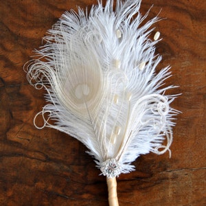 Crystal Groom boutonniere Ostrich Feather Bridal Ivory Gatsby 1920s groomsmen boutonnire wedding groom feathers boutonniere button hole gift