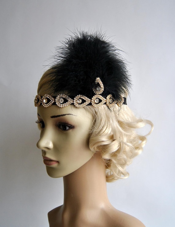 Gold Flapper Headband, Feather the Great Gatsby 1920s  display picture 1