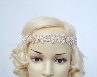 Rose Gold Bridal Rhinestone Headband Crystal Wedding Rose Gold Bridal tie on ribbon  Flapper Great Gatsby 1920s Headband Headpiece