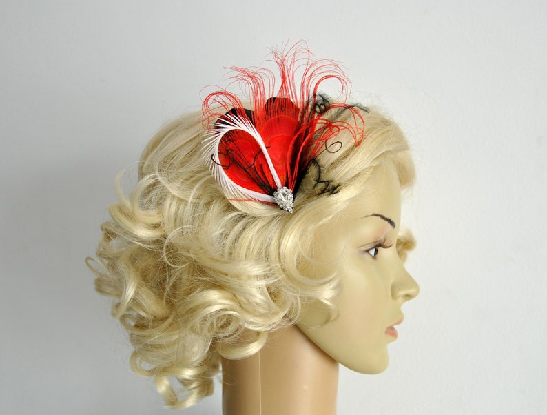 Ivory Peacock Feather Hair Clip HEART in Black Red Feather Fascinator Rhinestone Headpiece christmas Hair piece