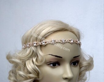 Rose Gold Rhinestone Headband Great Gatsby Headband Crystal Headband Wedding Halo Bridal tie on ribbon Headpiece 1920s Flapper headband