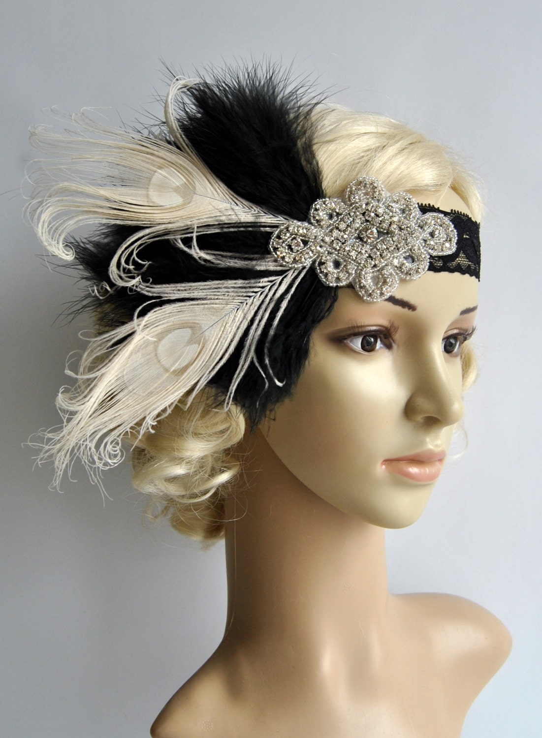 Flapper Lace Rhinestone Feather Headband, 1920's,Feather, Lace flapper costume, black, silver, Great Gatsby Headpiece Headband