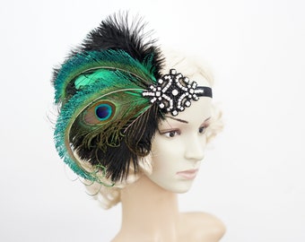 Grand Gatsby lein noir, casque clapet des années 20, casque de mariée des années 1920 art déco vert strass bandeau cadeau clapet casque bandeau