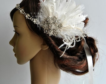 Rhinestone flapper headpiece ,Great Gatsby  flapper Headpiece, Wedding Bridal 1920s Headpiece ,Rhinestone headband, Ivory Feather Fascinator