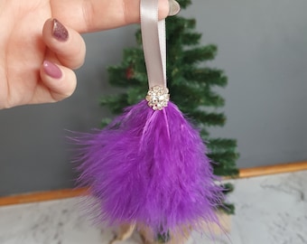 Purple crystal christmas tree ornaments, set of purple feather winter decorations, Feather baubles decoration, memorial angel ornament