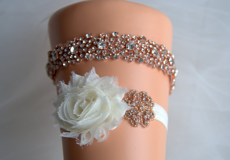 Rose gold Crystal Bridal Garter Set Wedding Garter Set Ivory Etsy