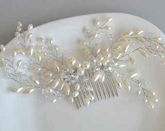 Silver Bridal Pearl Hair Comb OFELIA, Wedding Hair Comb vine Crystal Pearl Hair Comb, Bridal Head Piece, Silver Crystal Art Deco Hair Comb