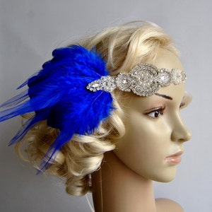 Faixa de cabeça melindrosa de strass azul real gatsby, faixa de cabeça de cristal para casamento, faixa de cabeça de noiva, 1920s