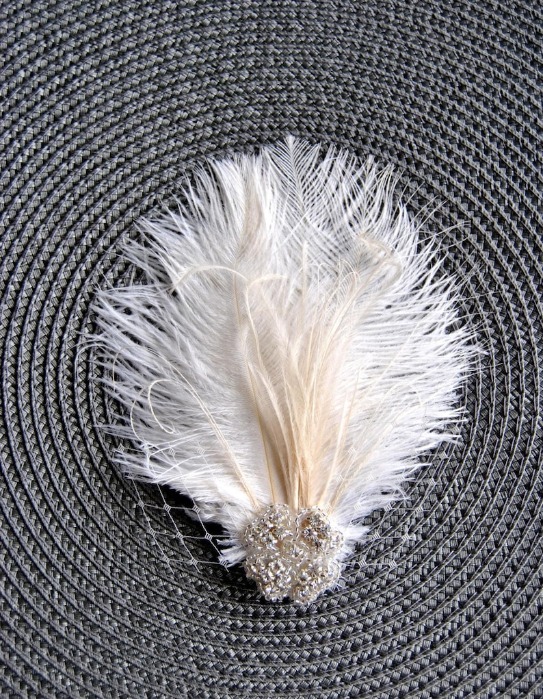 Ivory Rhinestone head piece fascinator Bridal White hairpiece headbpiece, Feather Fascinator, 1920s Headpiece ivory wedding fascinator gift image 3