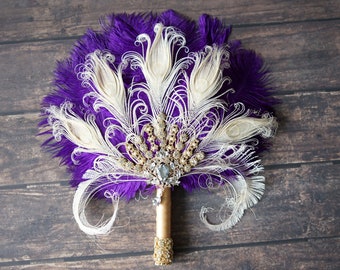 Purple Gold  Bridal brooch Fan Bouquet Ostrich Big alternative Feather Fan Bridesmaid Fan Bouquet Ivory Gatsby 1902s wedding bouquet silver