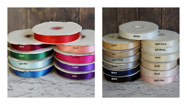 May include: A collection of spools of satin ribbon in various colors, including red, white, green, blue, purple, gold, silver, tan, coral, fuchsia, plum, light blue, light ivory, off white, ivory, nude, blush, and light pink.