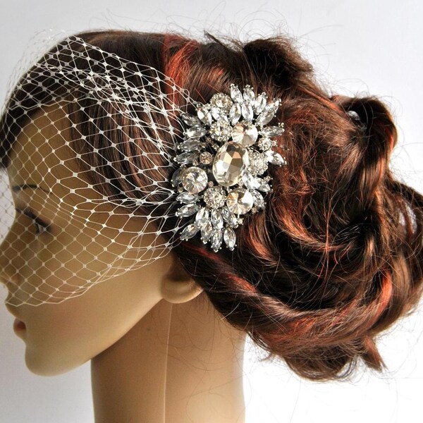 Bandeau-Schleier mit Strass Kamm, Hochzeitsschleier, Brautschleier, Strass Schleier, Kristall Schleier mit Strass Braut Kamm