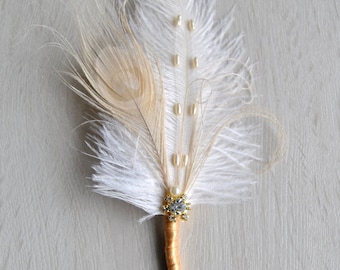 Gold Groom boutonniere Ostrich Feather Bridal Ivory Great Gatsby 1920s groomsmen gift boutonnire, wedding feathers boutonniere button hole