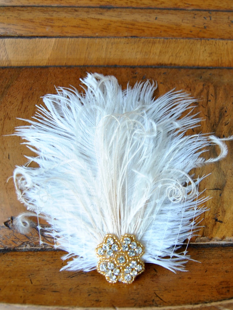 Ivory Rhinestone head piece fascinator Bridal White hairpiece headbpiece, Feather Fascinator, 1920s Headpiece ivory wedding fascinator gift image 7