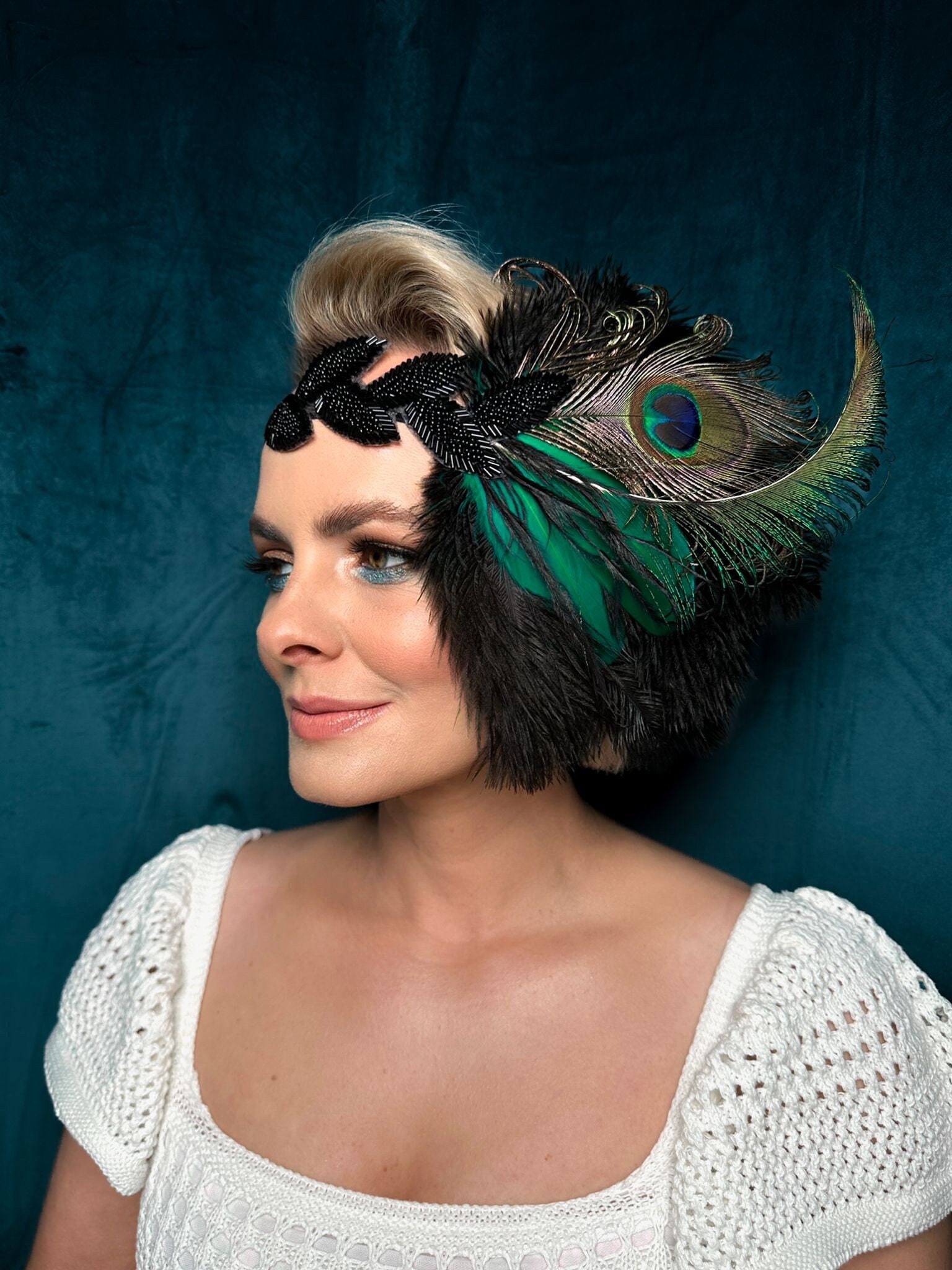 Flapper Headband with Peacock Feathers and Rhinestones for Gatsby Parties Peacock Feather Headband 1920 Flapper Girl Headpiece with  main image 2