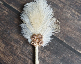 Crystal Groom Wedding boutonniere, Ostrich Feather Ivory Rose Gold Gatsby 1920s groomsmen boutonnire wedding feathers button hole pin