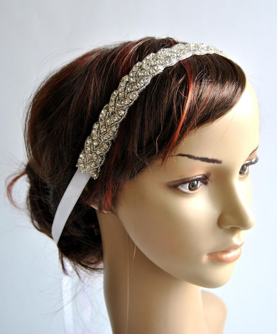 Gorgeous 1920s Flapper headband, Rhinestone Wedding Headband, Bridesmaid Crystal ribbon tie on Headband, Wedding Halo Bridal Headpiece gift