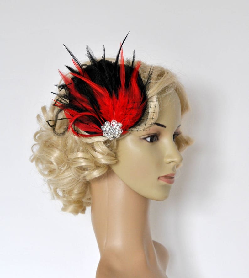 Red Feather Fascinator Hair Clip Downton Abbey 1920's flapper headpiece black red Gatsby Feather bridal fasciantor christmas hair piece image 1