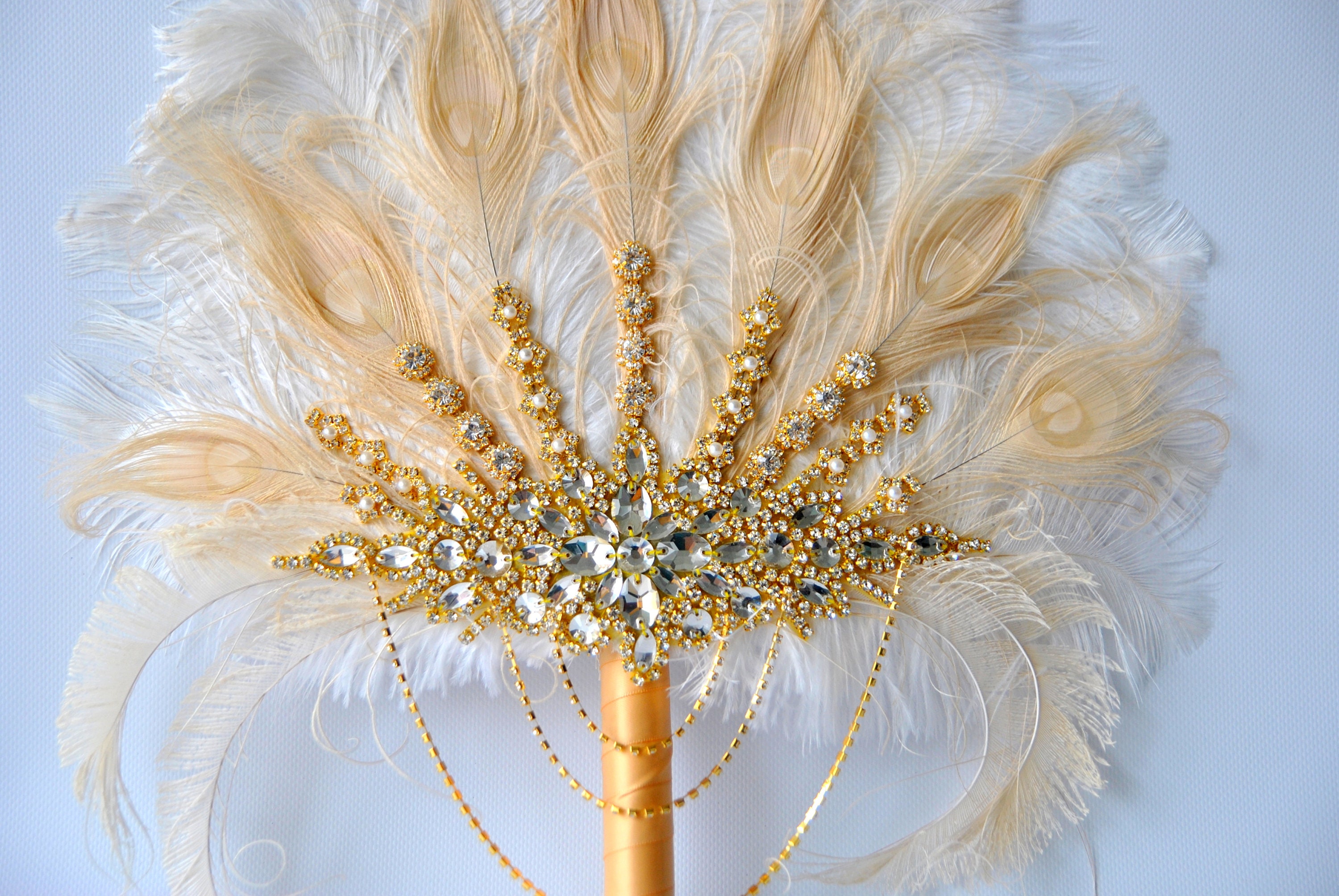 18 tall Gorgeous Gold Bridal Fan brooch Bouquet Ostrich | Etsy