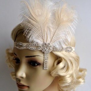 Ivory Peacock 1920s headpiece,rhinestone flapper headband Headpiece, The Great Gatsby, rhinestones headband, rhinestone feather headpiece image 3