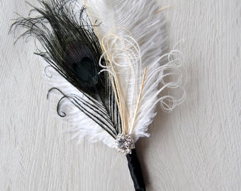 Bridal boutonniere Ostrich Feather Bridal Ivory Black Great Gatsby 1920s groomsmen boutonnire wedding groom feathers boutonniere button hole