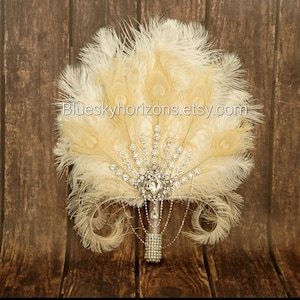 18&quot; Big  silver Bridal Fan brooch Bouquet Ostrich Big alternative Feather Fan Bridal Ivory Great Gatsby 1902s art deco wedding bouquet