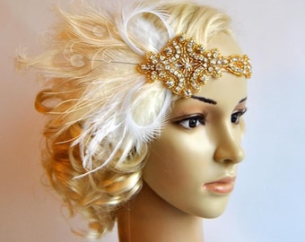 1920s Rhinestone Headpiece, Flapper headband, bridal wedding headband, Rhinestone flapper headpiece ivory