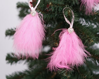 Roze veren kerstboomversieringen, set roze veren winterversieringen, veren kerstversiering, herdenkingsengelornament