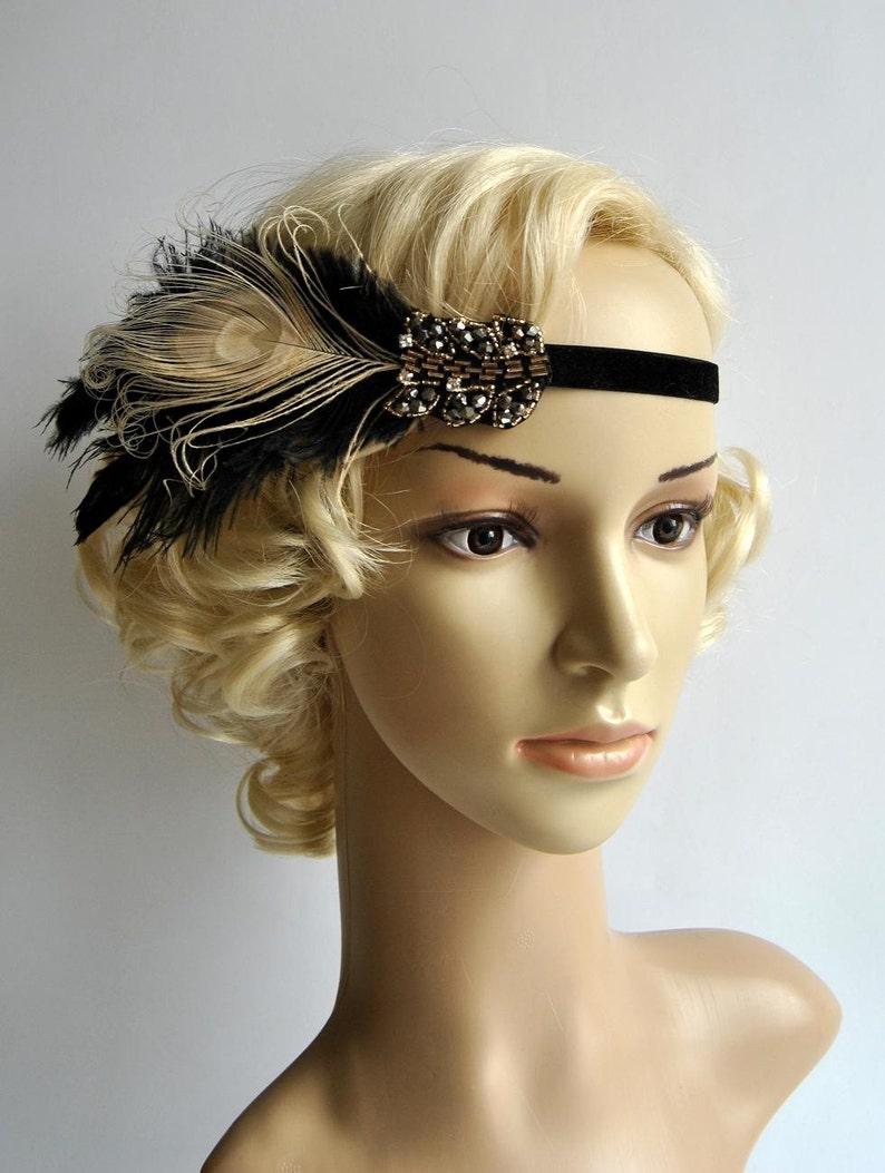 Black Ivory Flapper Headband,The Great Gatsby headpiece, 1920s Flapper Feather Headband, Vintage Inspired,1930's, Feather, Art Deco headband image 3