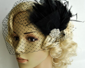 Veil and fascinator Downton Abbey 1920's flapper headpiece-  black, The Great Gatsby, birdcage veil set, Feather fasciantor