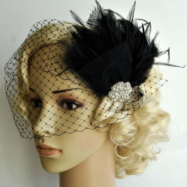 Veil and fascinator Downton Abbey 1920's flapper headpiece-  black, The Great Gatsby, birdcage veil set, Feather fasciantor