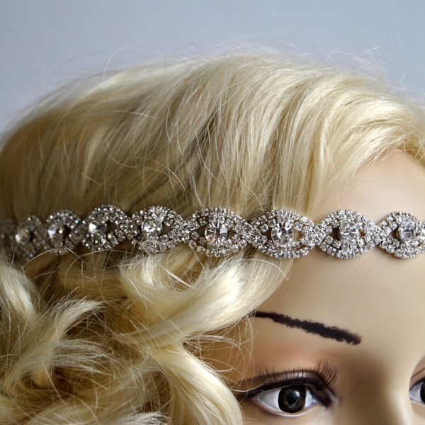 Rhinestone Headband, Great Gatsby Headband, Crystal Headband, Wedding Halo Bridal tie on ribbon Headband Headpiece, 1920s Flapper headband