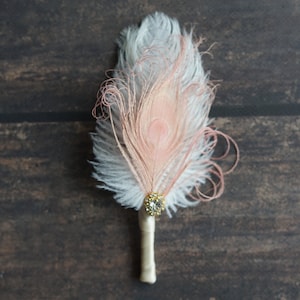 Pink Peacock Crystal Groom boutonniere Ostrich Feather Bridal Gatsby 1920s groomsmen rose wedding feathers boutonniere button hole gift