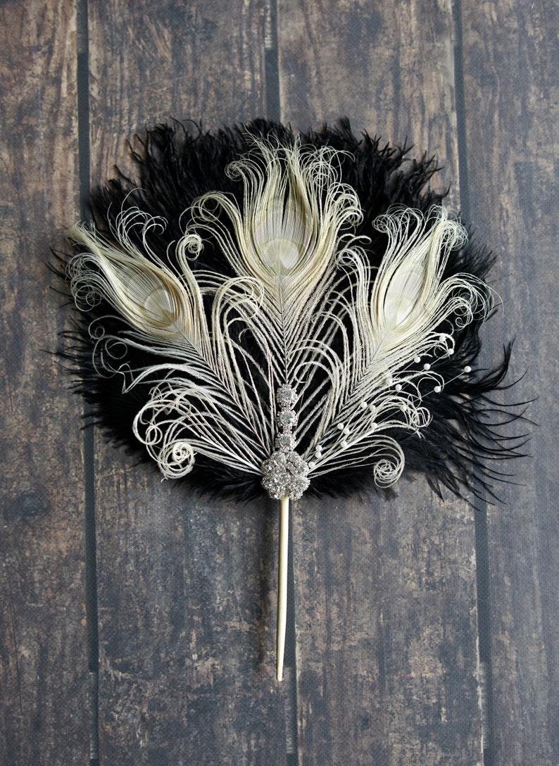 Feather Cake Topper Gatsby 1920s Wedding Black Ivory Cake Topper, Personalized Cake Topper Birthday Custom Ostrich Peacock Cake Topper gift image 2