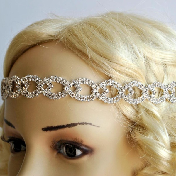 Rhinestone Headband, Great Gatsby Headband, Crystal Headband, Wedding Halo Bridal tie on ribbon Headband Headpiece, 1920s Flapper headband