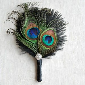 Black Green Peacock Bridal boutonniere Ostrich Feather Bridal 1920s groomsmen boutonnire wedding groom feathers boutonniere button hole